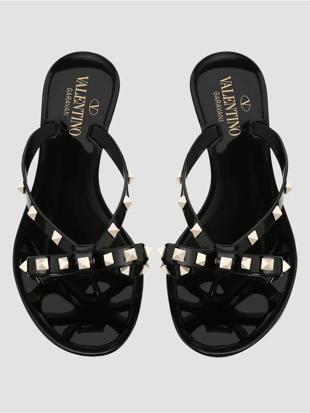 Valentino Garavani Black Jelly Rockstud Thong Sandals with Gold Studs